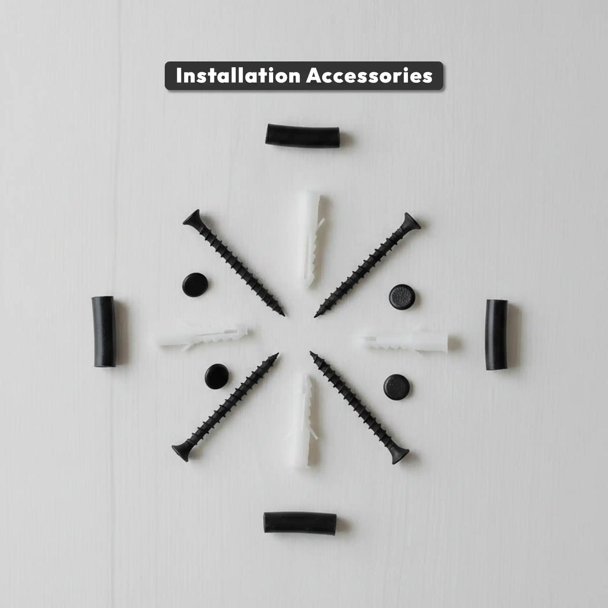 Set of installation accessories including screws and anchors on a light gray background with 'Installation Accessories' text.