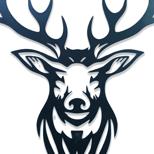 Black silhouette of a deer head with large antlers on a white background