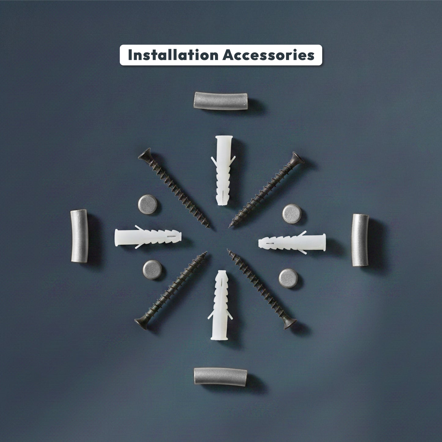 Installation accessories including screws and anchors arranged in a circular pattern on a dark background with 'Installation Accessories' text.