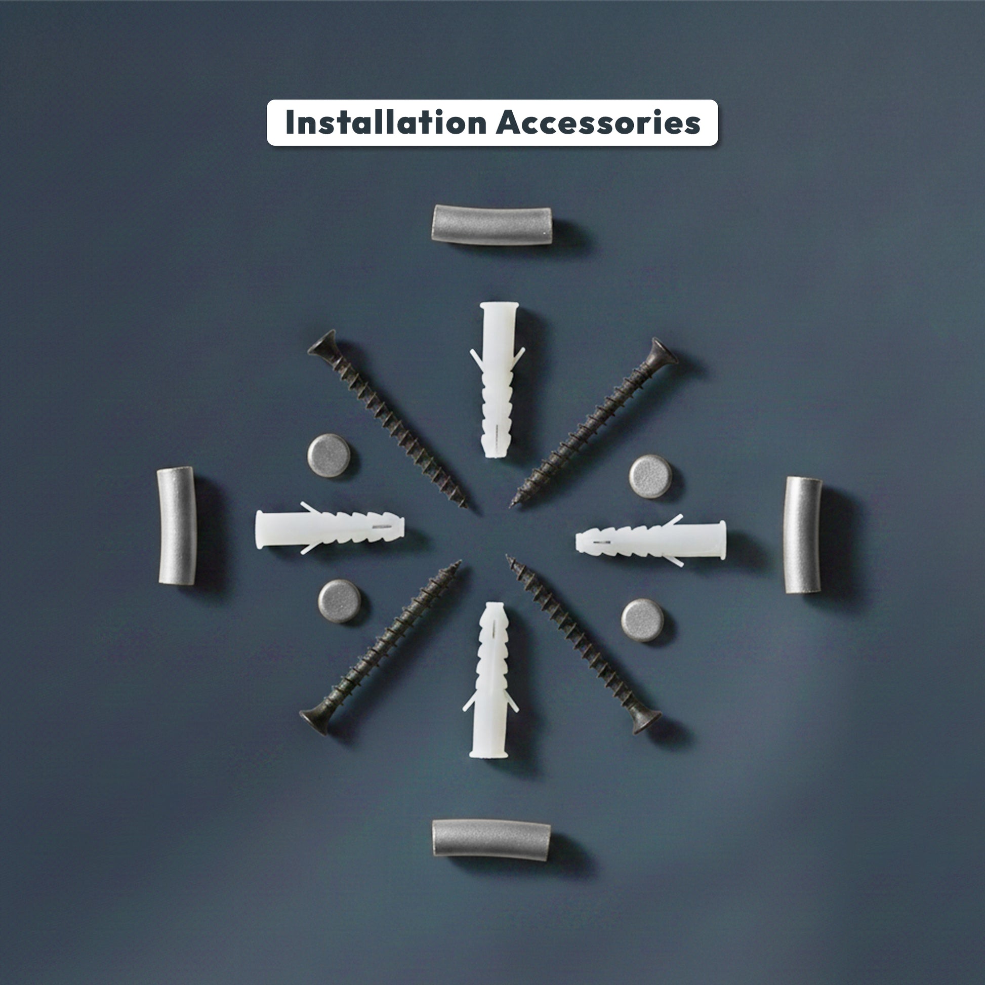 Installation accessories including screws and anchors arranged in a circular pattern on a dark background with 'Installation Accessories' text.