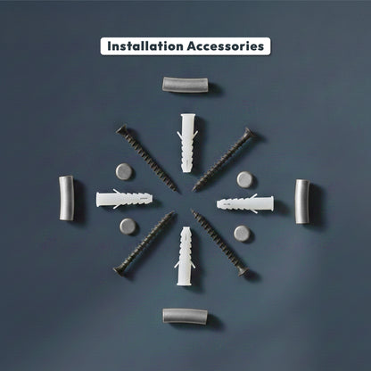 Installation accessories including screws and anchors arranged in a circular pattern on a dark background with 'Installation Accessories' text.