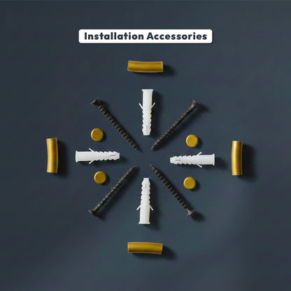 Installation accessories including screws and anchors arranged in a circular pattern on a dark background with 'Installation Accessories' text.