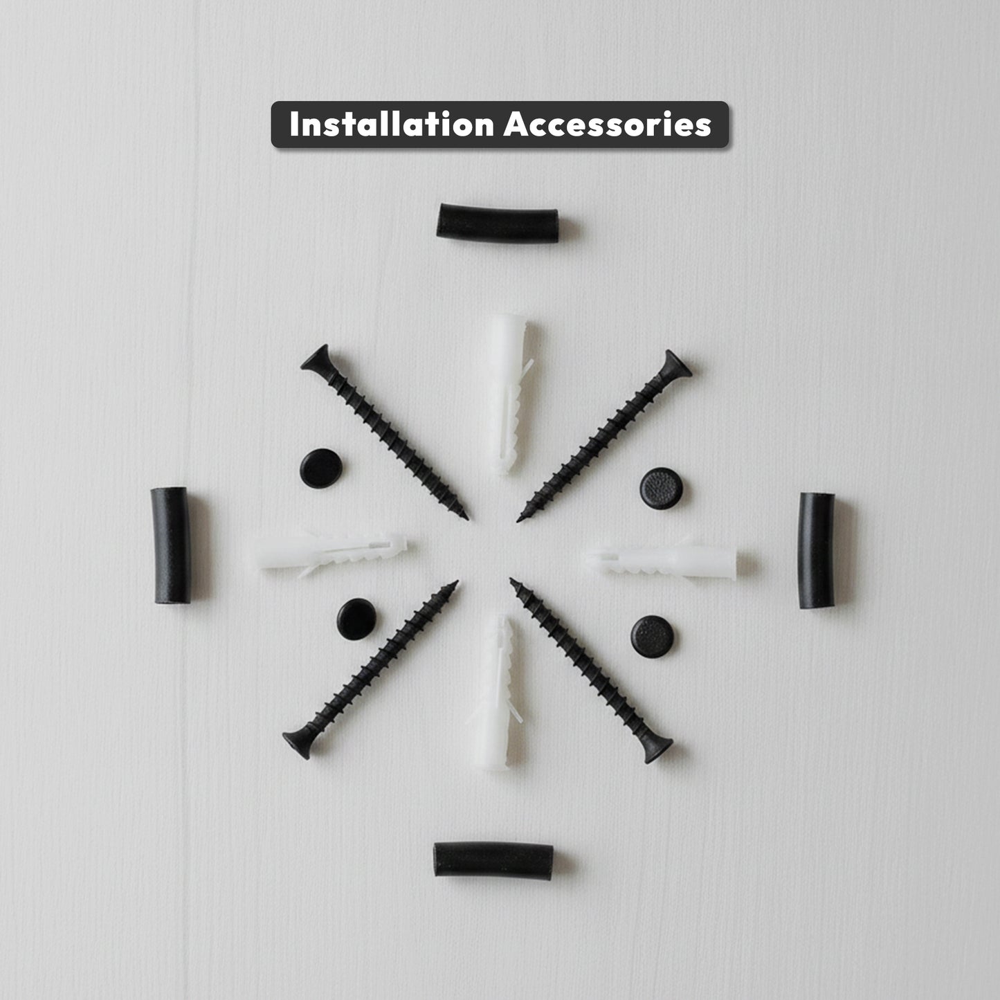 Set of installation accessories including screws and anchors on a light gray background with 'Installation Accessories' text.