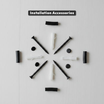 Set of installation accessories including screws and anchors on a light gray background with 'Installation Accessories' text.