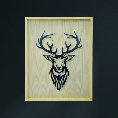 Wooden frame with black deer head design on a dark background