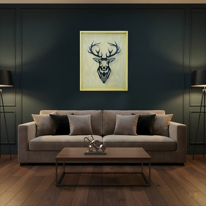 Modern living room with a gray sofa, wooden coffee table and deer head artwork on the wall.