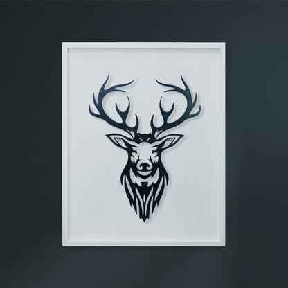Framed black and white deer head art on a dark background