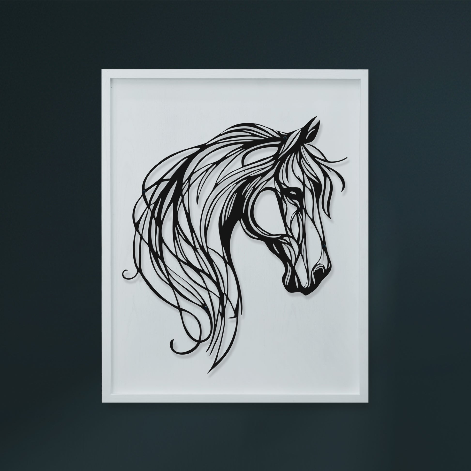 Framed black line art of a horse's head on a dark background