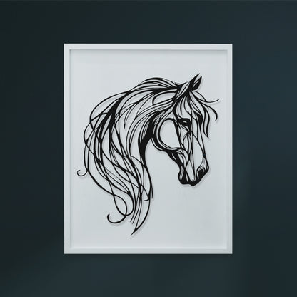 Framed black line art of a horse's head on a dark background