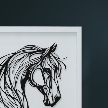 Framed artwork of a stylized horse head on a dark wall