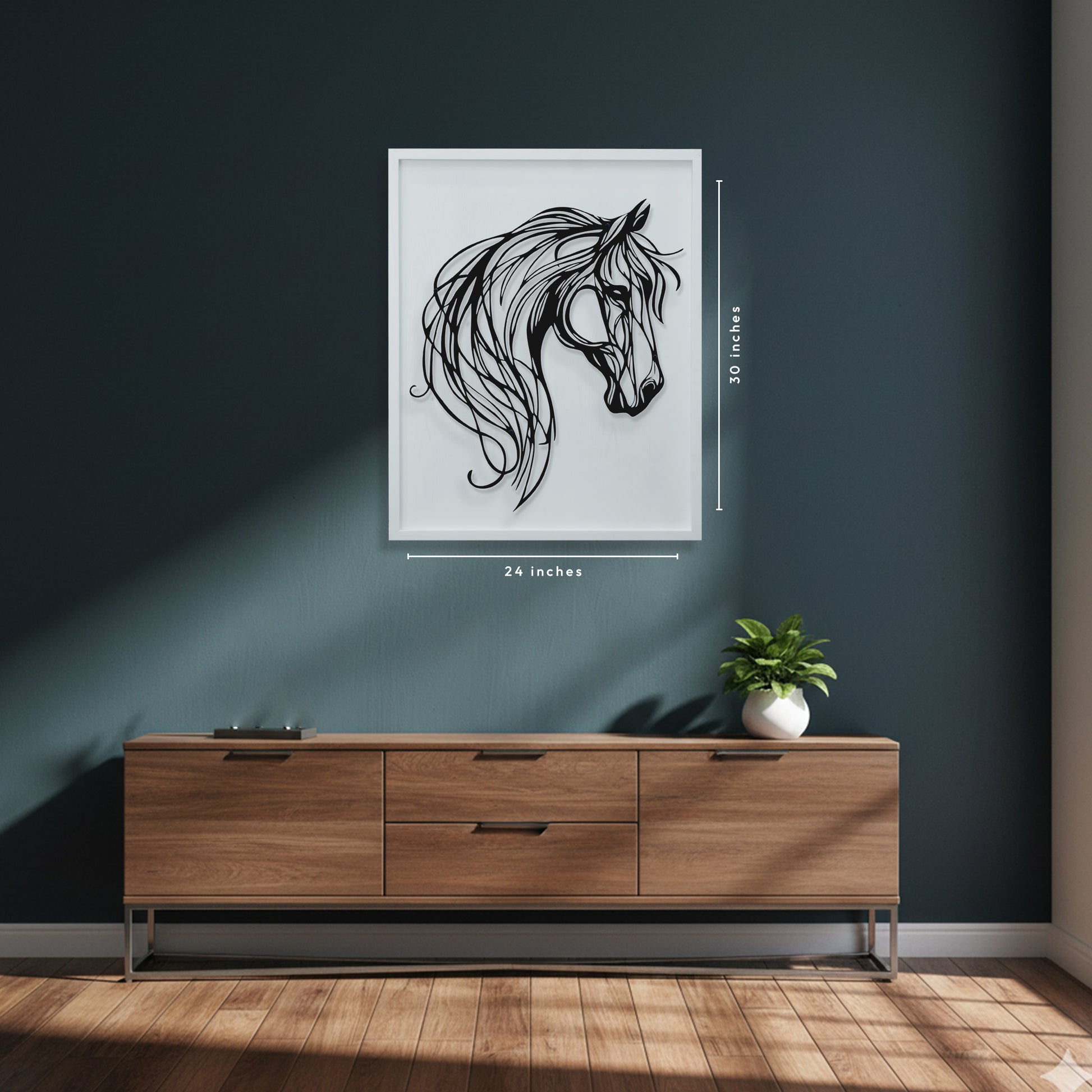 Framed artwork of a horse head on a dark wall above a wooden cabinet.
