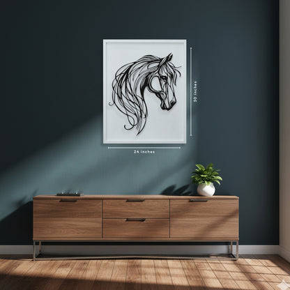 Framed artwork of a horse head on a dark wall above a wooden cabinet.