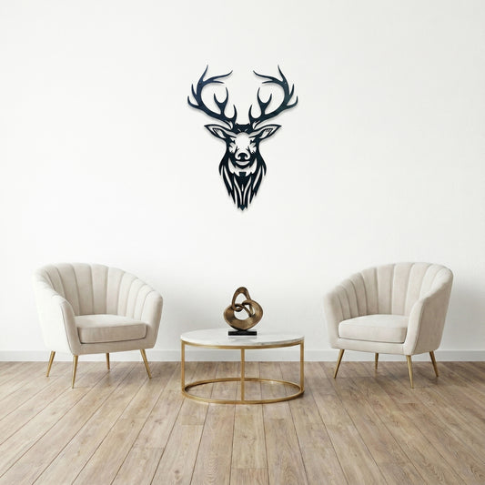 Living room with beige armchairs, a coffee table, and a deer head wall art on a white wall.