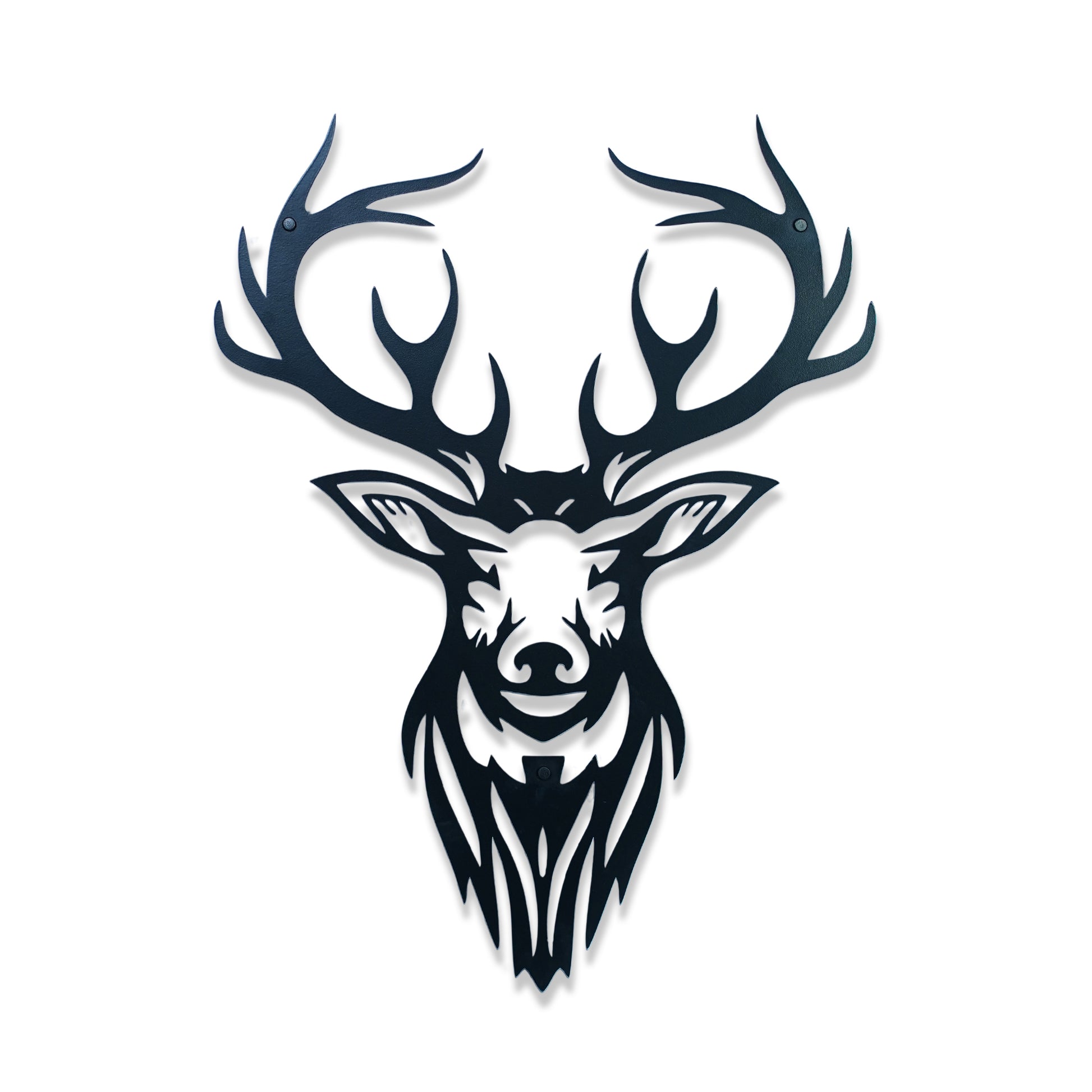 Black and white deer head design on a white background