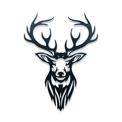 Black and white deer head design on a white background