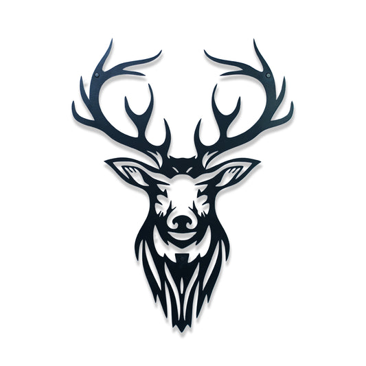 Black and white deer head design on a white background