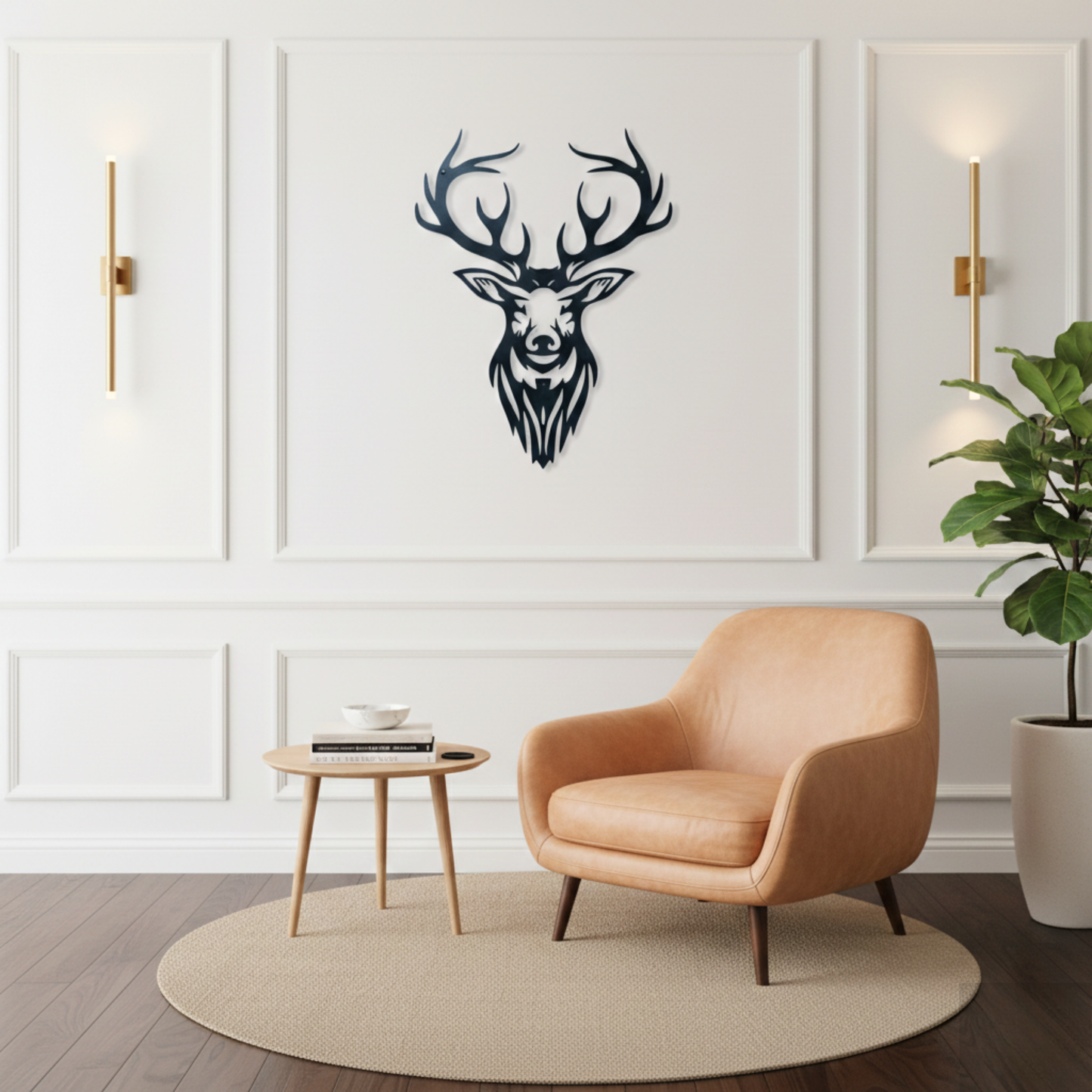 A black metal deer head wall art piece mounted on a white paneled wall in a modern living room setting with a tan leather armchair, a small wooden side table, and a potted plant.