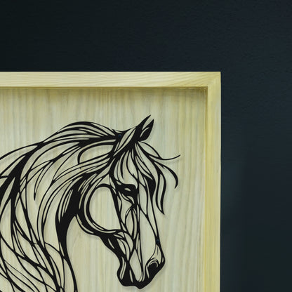 Framed artwork of a horse's head with a wooden frame on a dark background