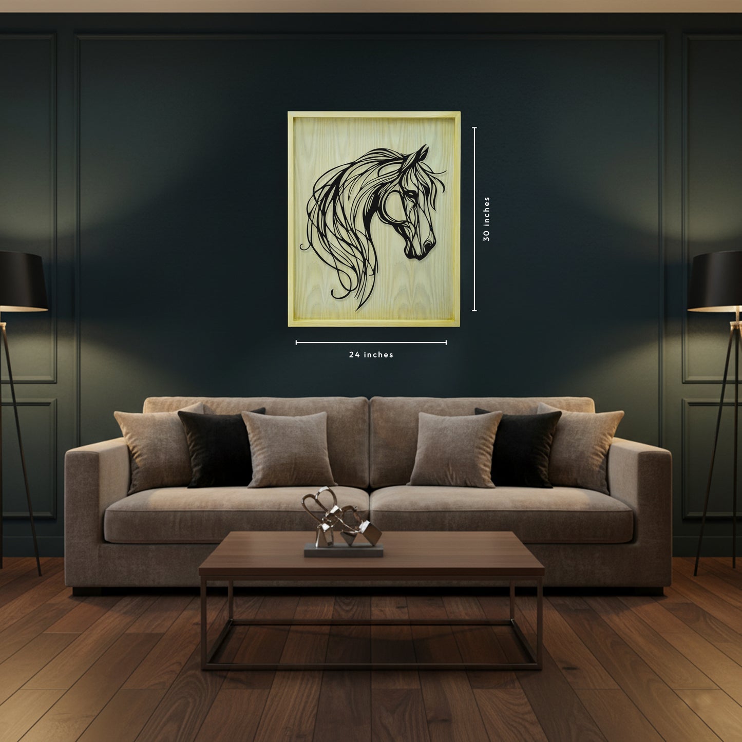 Living room with a gray sofa, wooden coffee table, and horse head artwork on the wall.