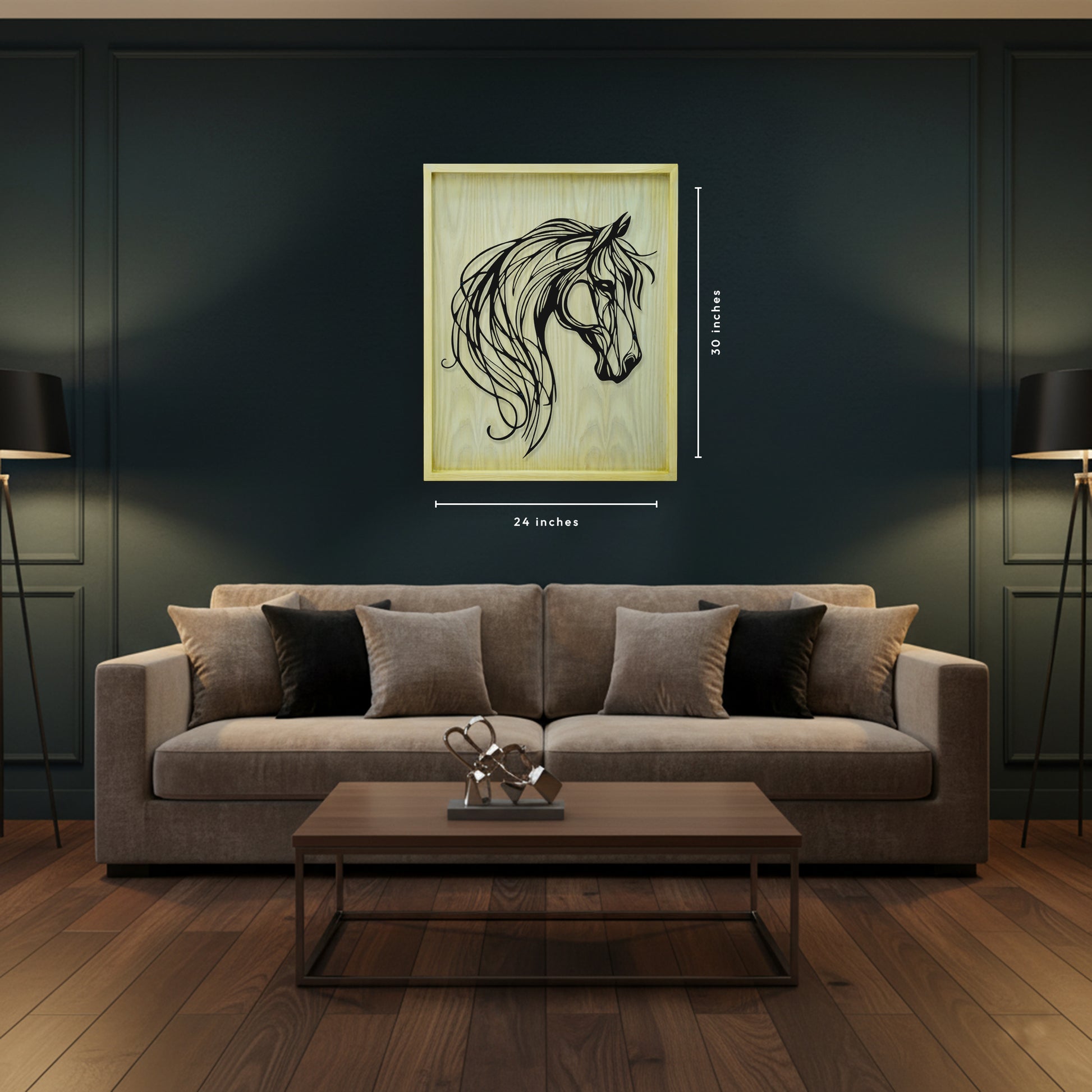 Living room with a gray sofa, wooden coffee table, and horse head artwork on the wall.