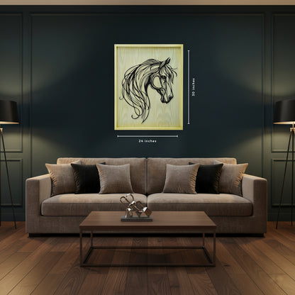 Living room with a gray sofa, wooden coffee table, and horse head artwork on the wall.