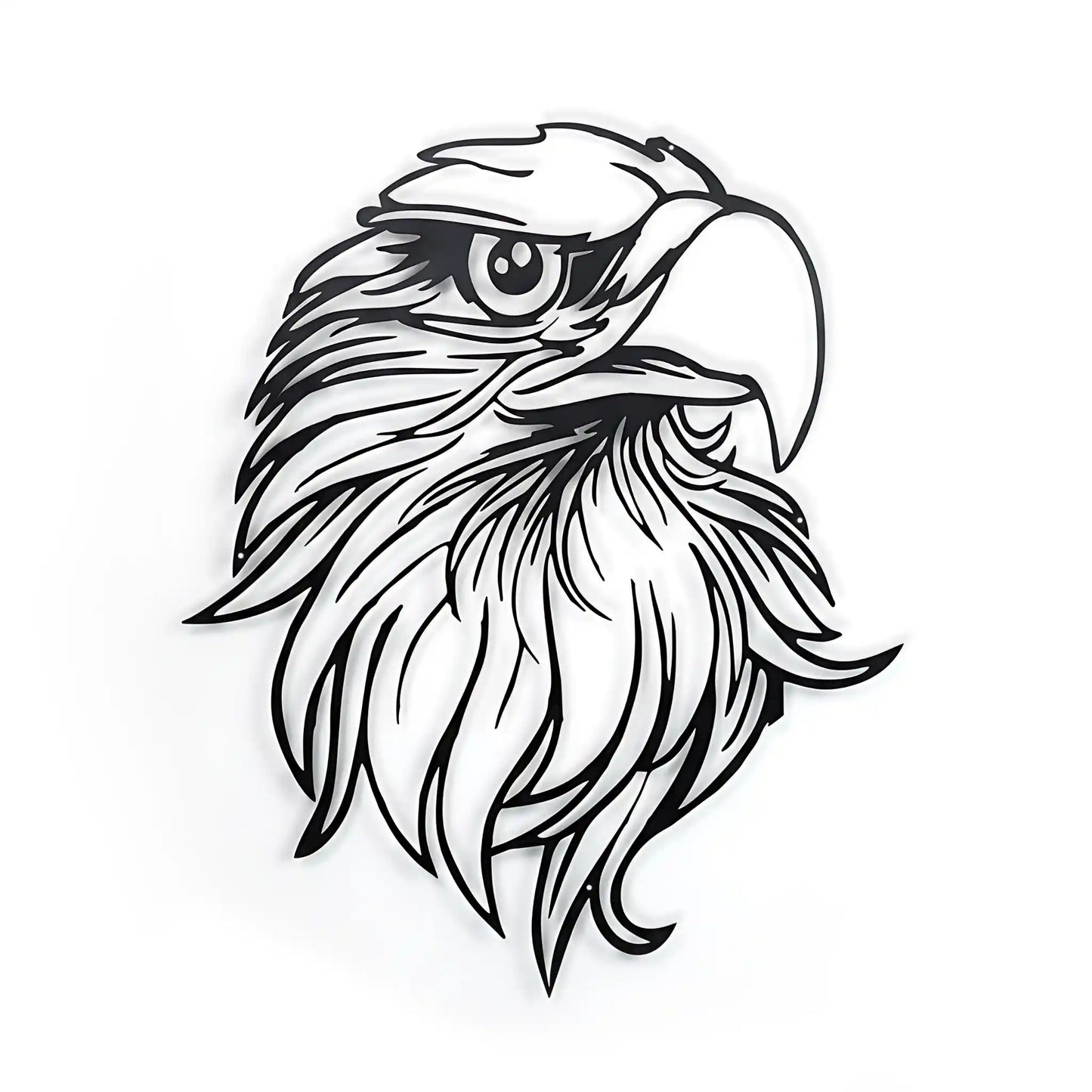 Black CNC metal wall art of an eagle head on a white wall with soft shadow