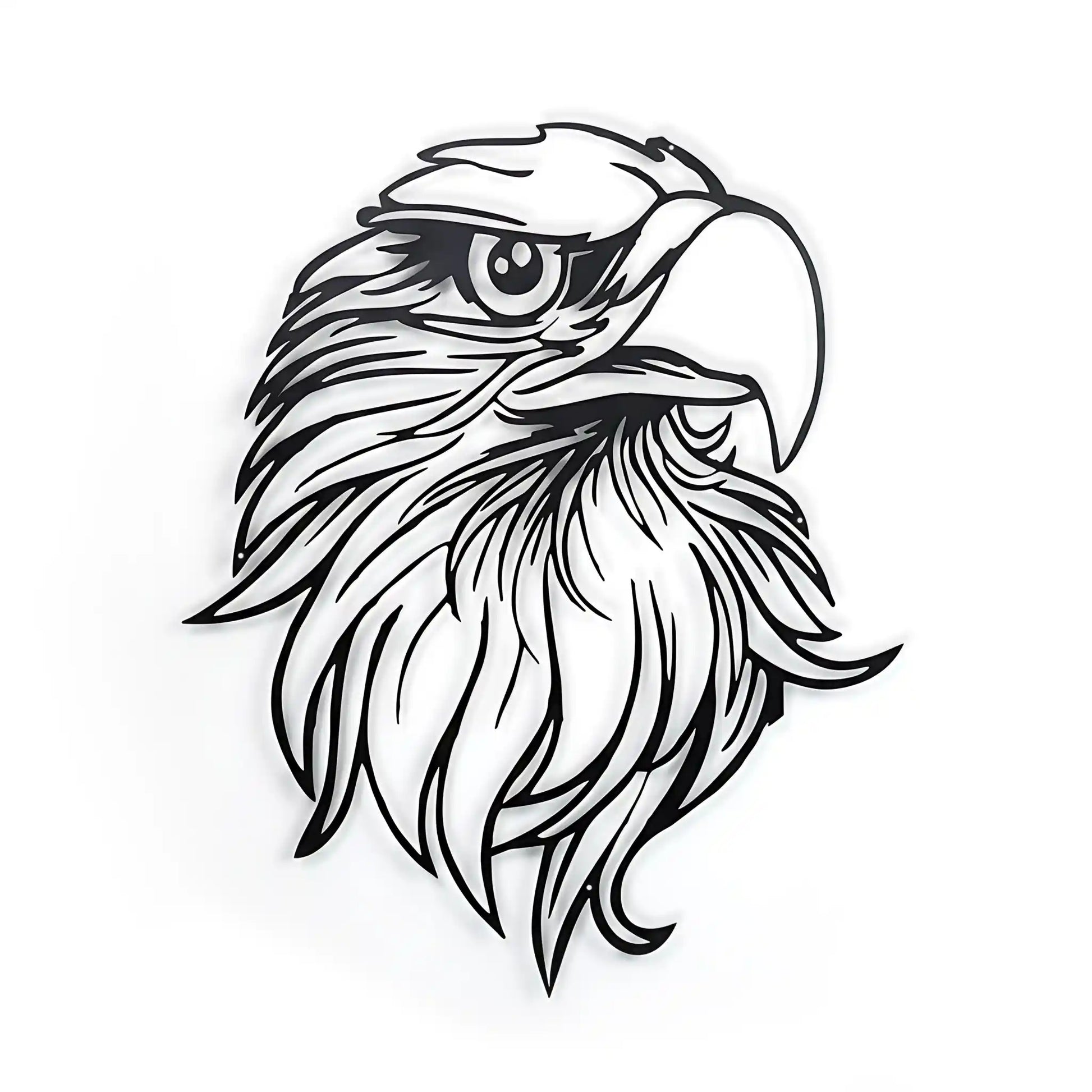 Black CNC metal wall art of an eagle head on a white wall with soft shadow