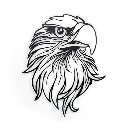Black CNC metal wall art of an eagle head on a white wall with soft shadow