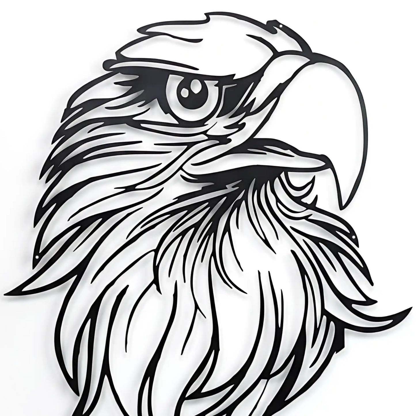 Black metal wall art CNC Laser cut of an eagle's head on a white wall with soft shadow.