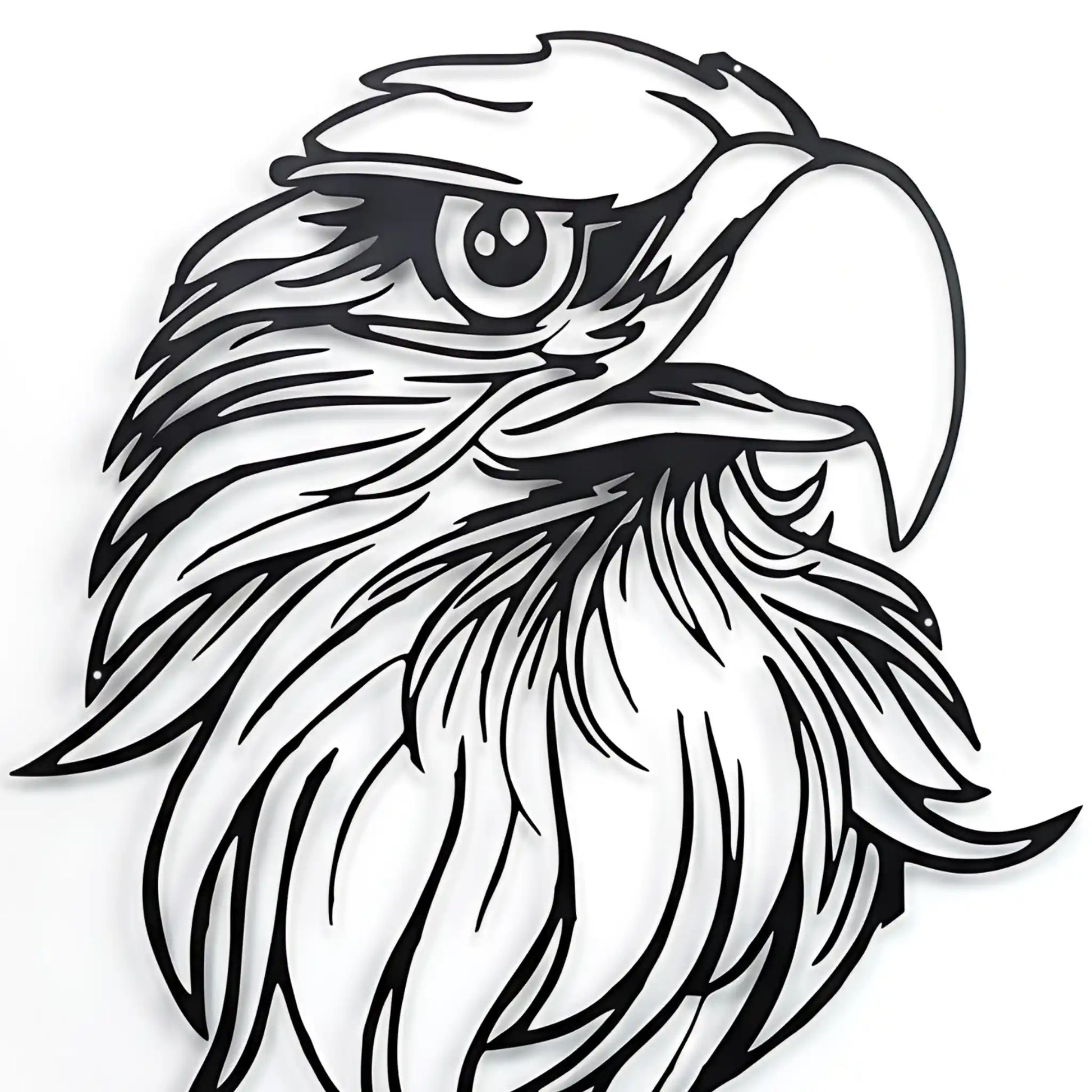Black metal wall art CNC Laser cut of an eagle's head on a white wall with soft shadow.
