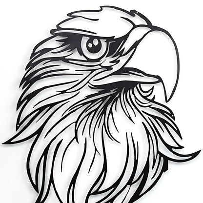 Black metal wall art CNC Laser cut of an eagle's head on a white wall with soft shadow.