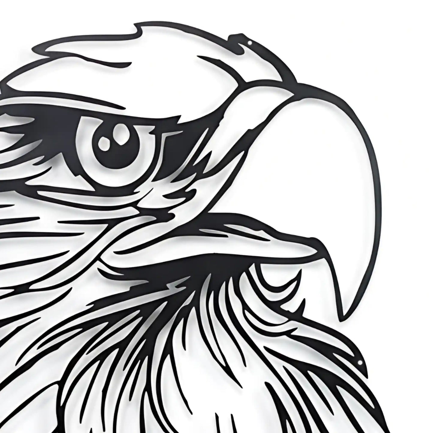 close up shot of Black metal art CNC laser cut of an eagle's head on a white wall.