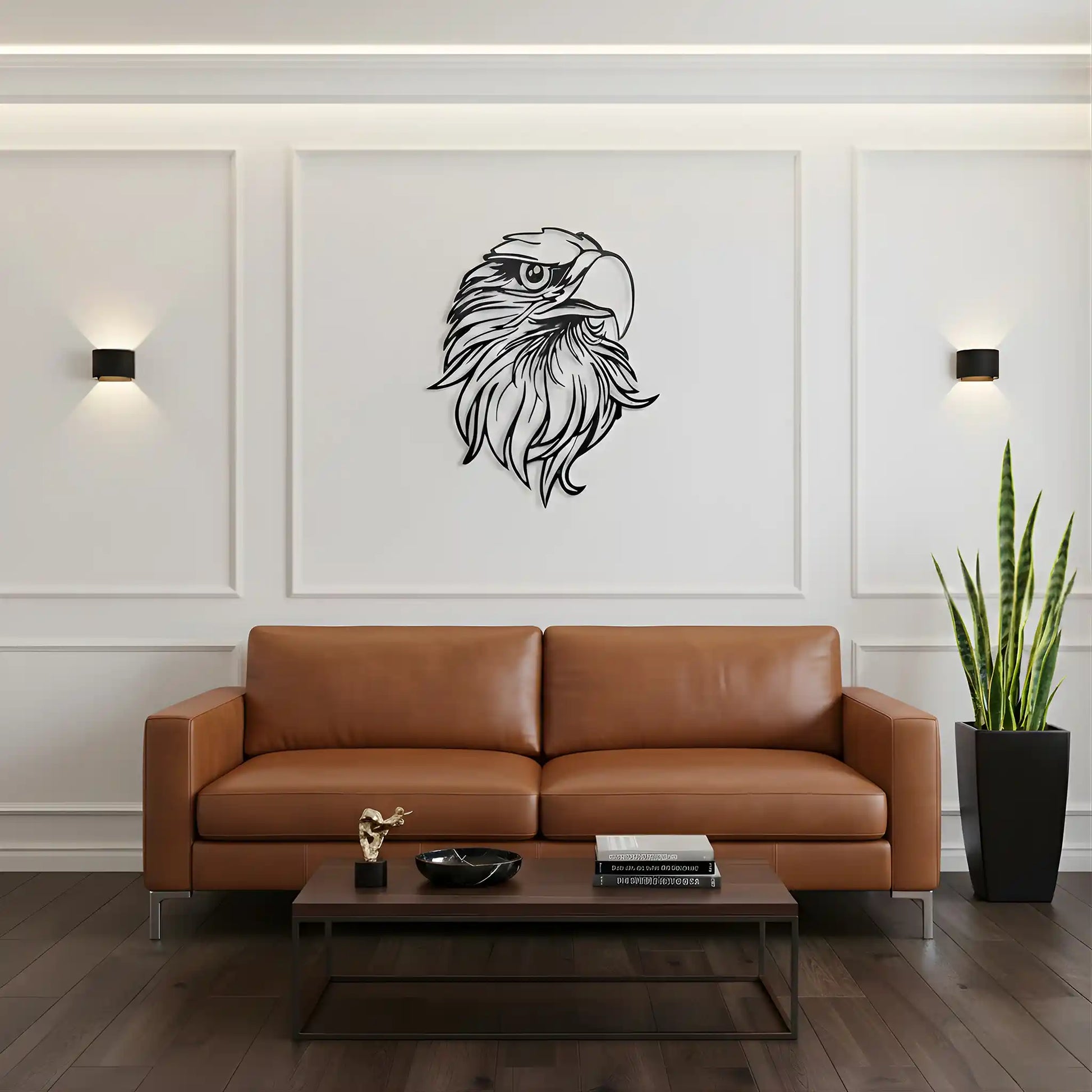 Modern living room with a brown leather sofa, coffee table, and metal wall art of an eagle.