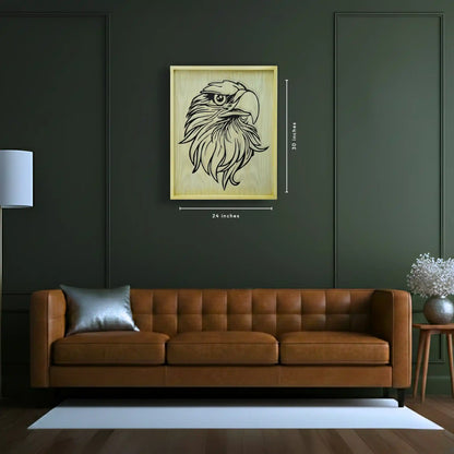 Living room with a brown leather sofa, a lamp, and a diar color framed metal artwork of an eagle on a dark green wall. image shows the dimensions 24 inches width and 30 inches tall
