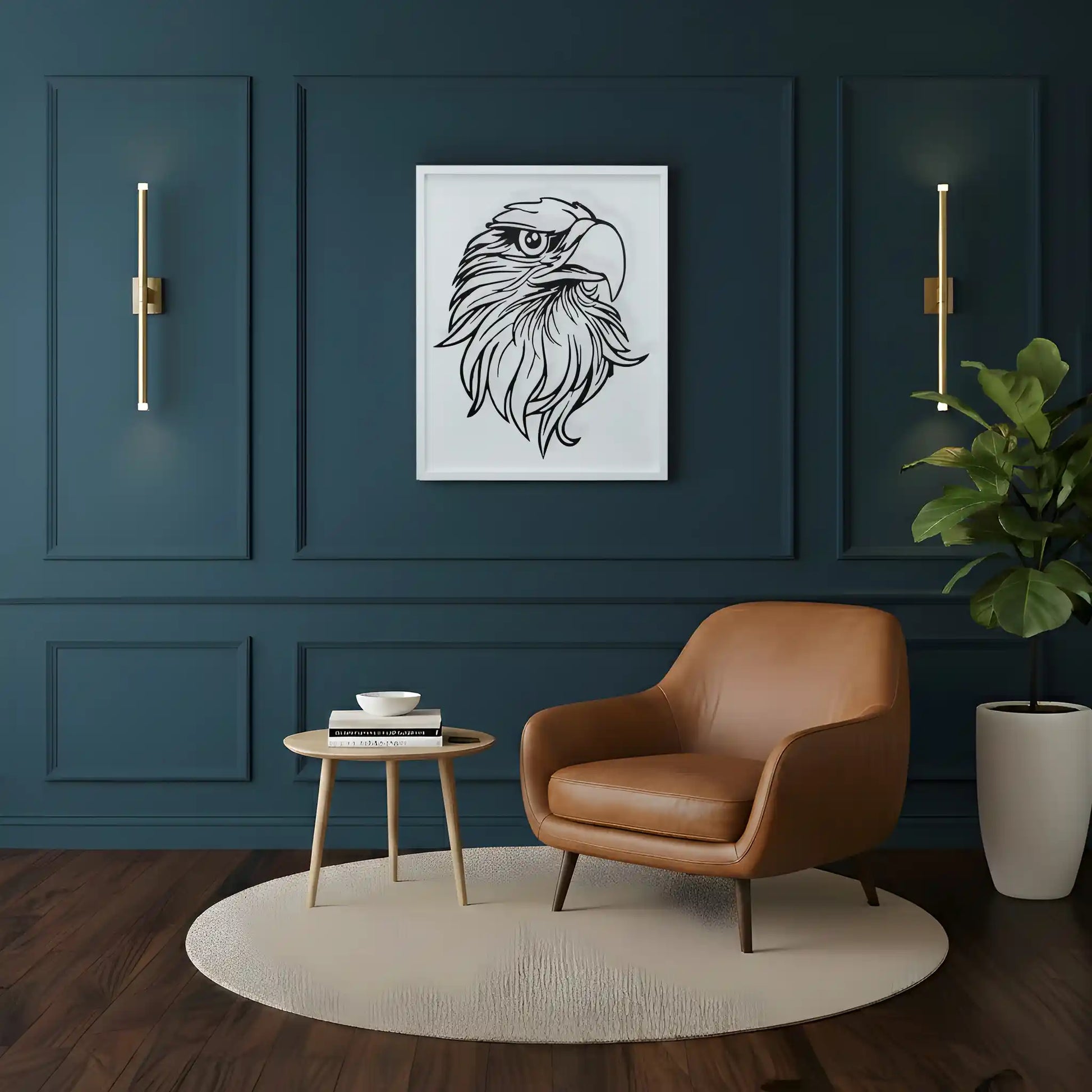 Modern living room with a brown leather chair, side table, and white wooden framed eagle metal art on a dark blue wall.