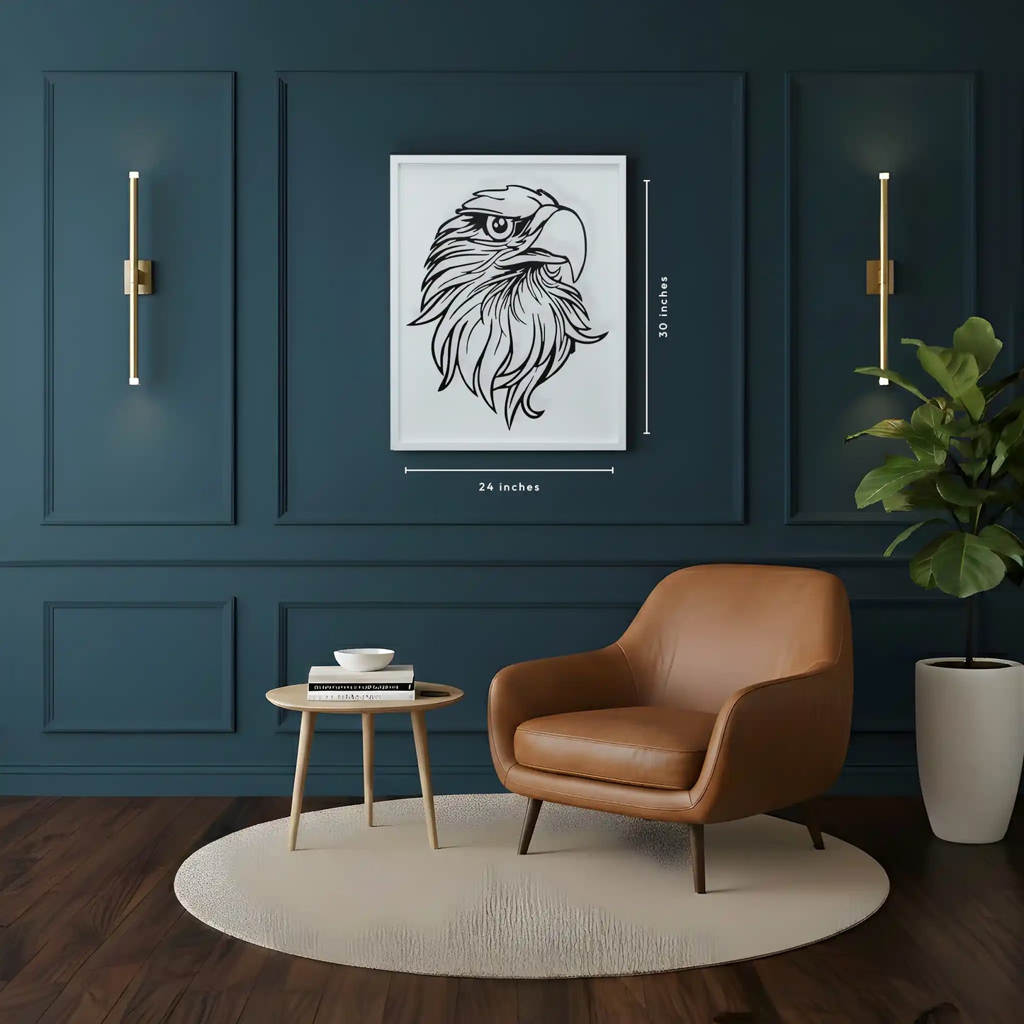 Modern living room with a brown leather chair, side table, and white wooden framed cnc metal wall art of eagle on a dark blue wall. with dimensions 24 inches width and 30 inches tall