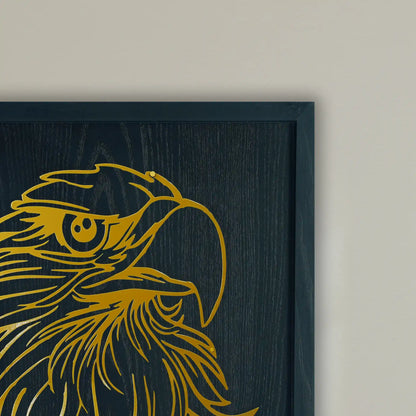 Close-up of Black wooden Framed with Golden metal wall art eagle on a Beige background wall