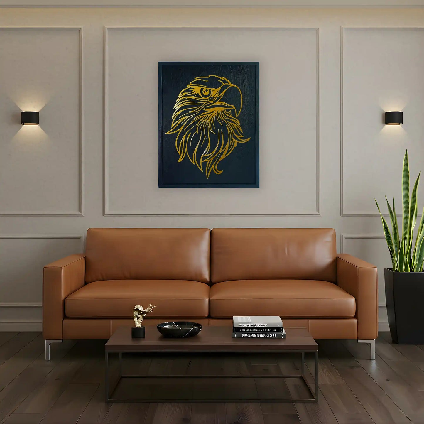Modern living room with a brown leather sofa, coffee table, and a black wooden frame with golden metal wall art.