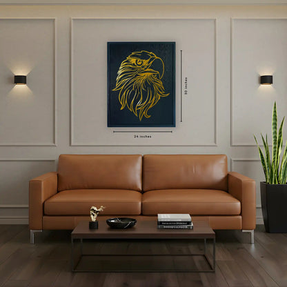 Brown leather sofa in a living room with a black wooden frame and golden metal wall art piece of eagle and decor items. image shows the dimensions of the frame which is 24 inches width and 30 inches tall