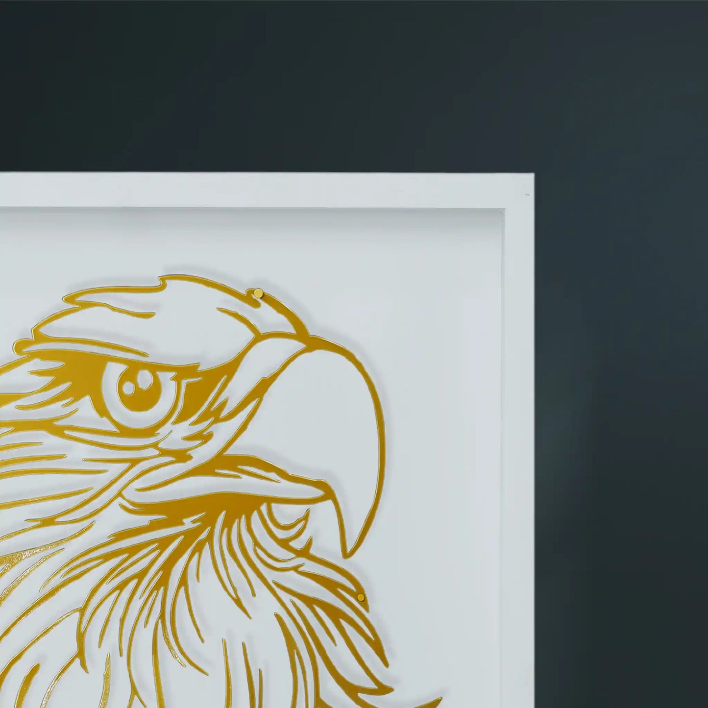 Framed Golden eagle metal wall art of an eagle's head with a white wooden frame on a dark wall.