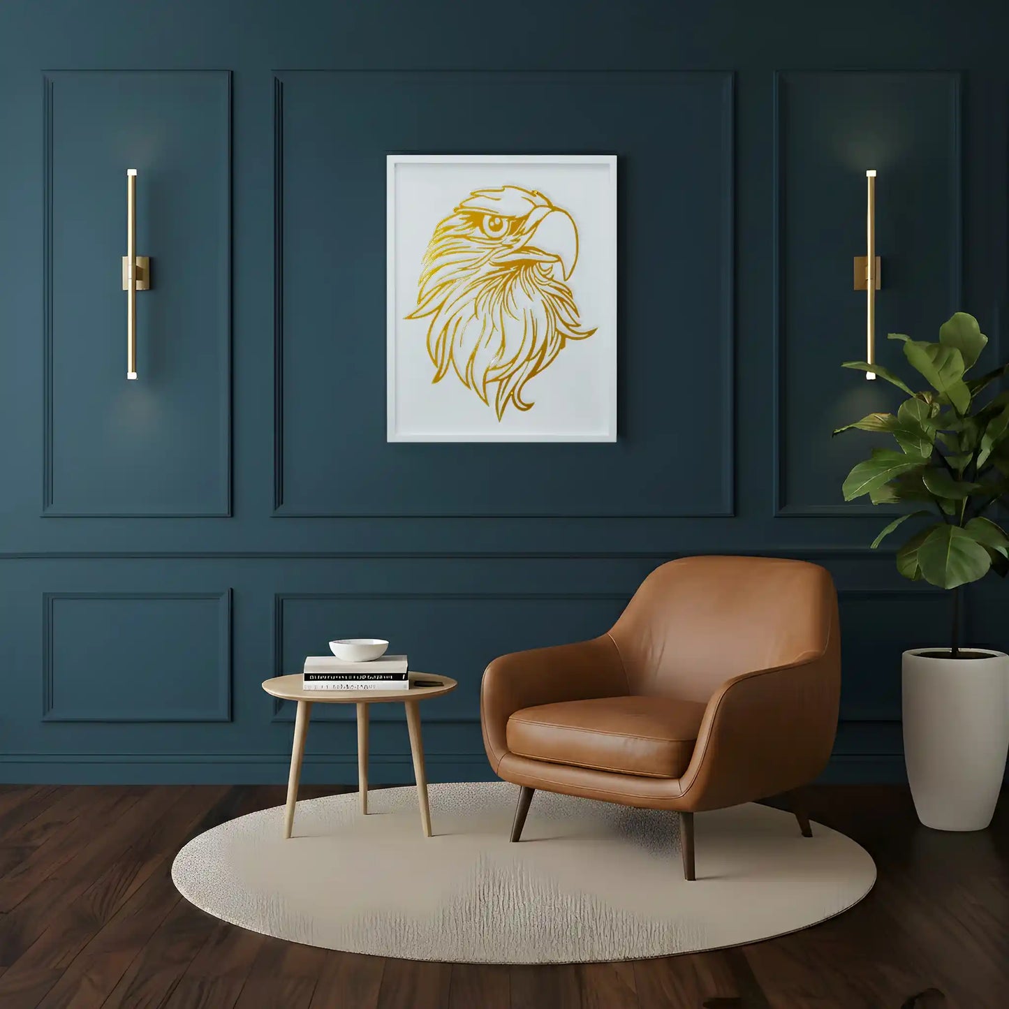 Modern living room with a brown leather chair, side table, and metal wall art of an eagle placed on white wooden frame.