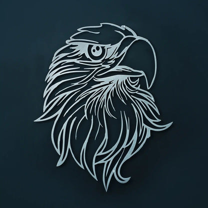 A stylized silver metal line-wall art illustration of an eagle head with a detailed eye and beak, centered on a dark navy background.