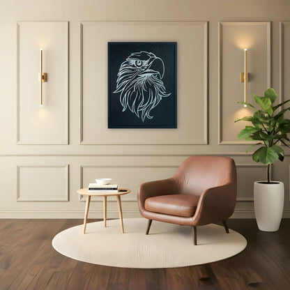 Modern living room with a brown leather chair, small table, and a black wooded framed metal artwork of an eagle.