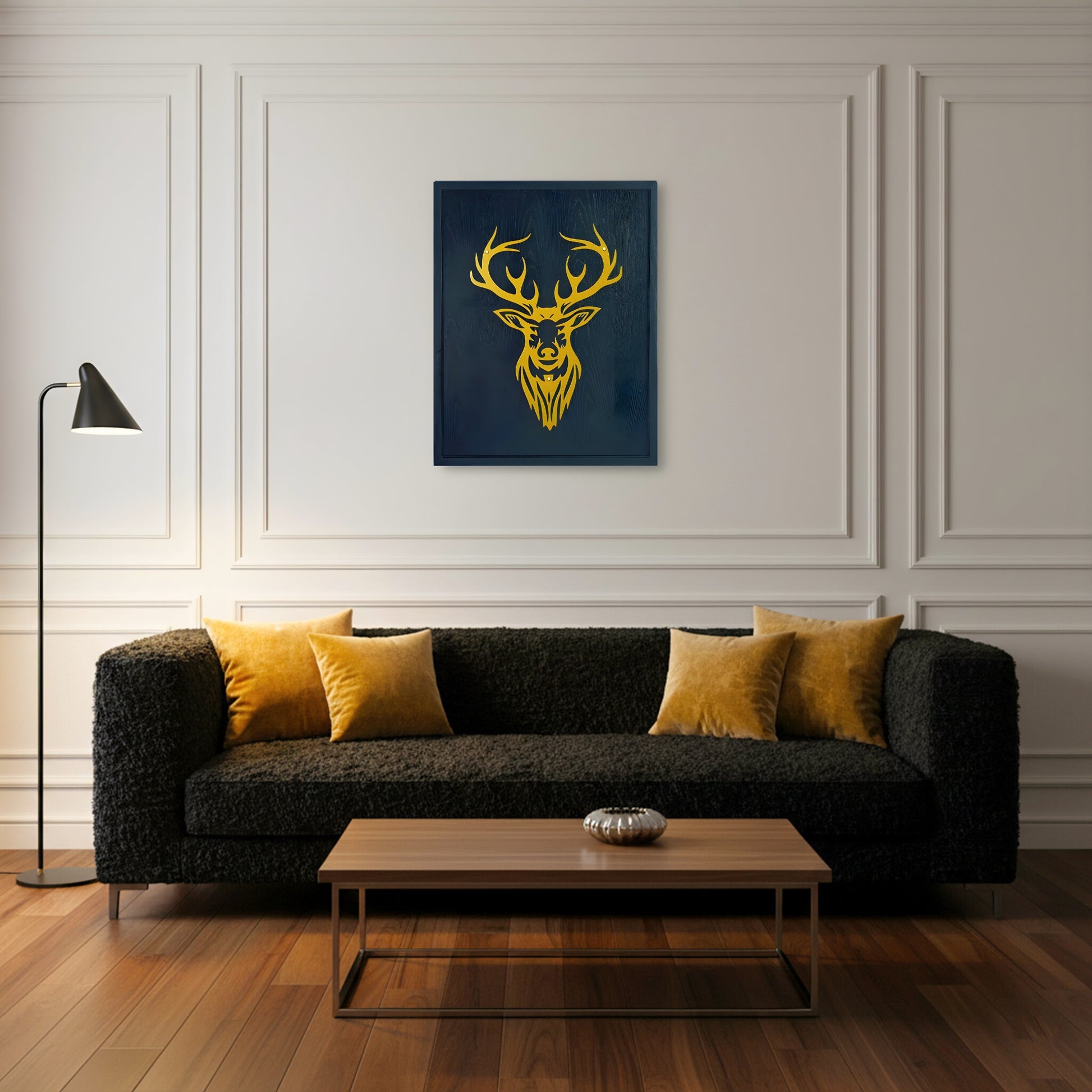 Living room with a dark gray sofa, wooden coffee table, and wall art of a deer head.
