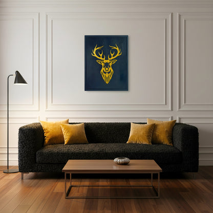 Living room with a dark gray sofa, wooden coffee table, and wall art of a deer head.