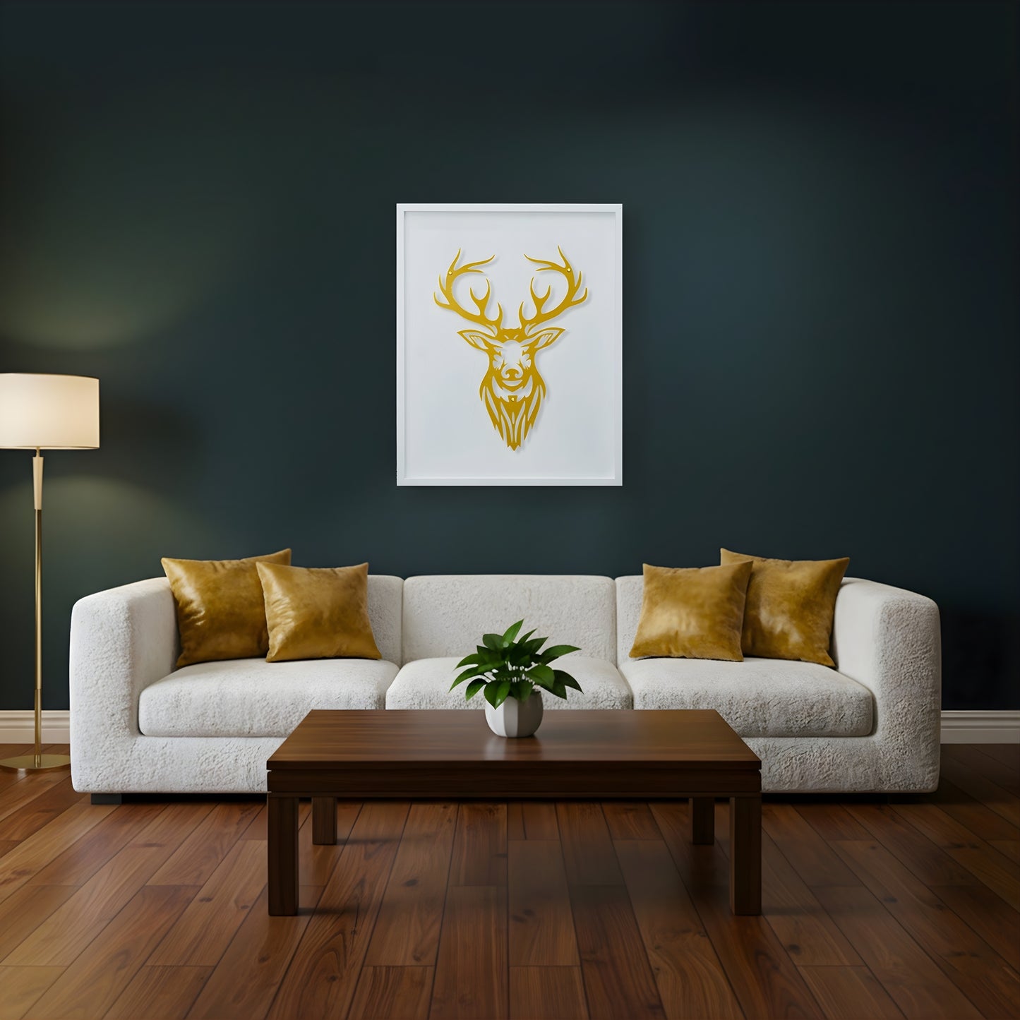Living room with a white sofa, wooden coffee table, and deer head on white wooden frame artwork on the wall.