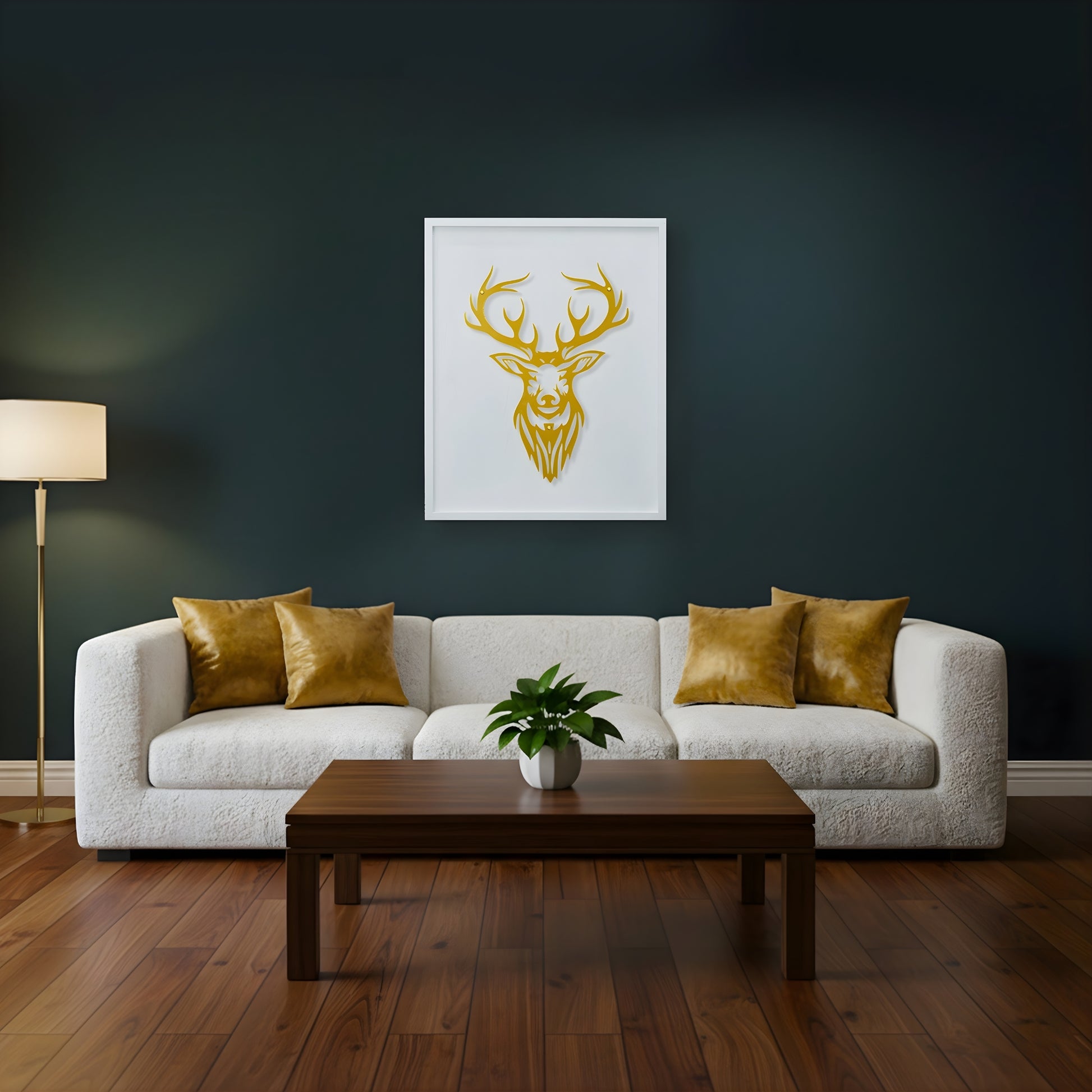 Living room with a white sofa, wooden coffee table, and deer head on white wooden frame artwork on the wall.