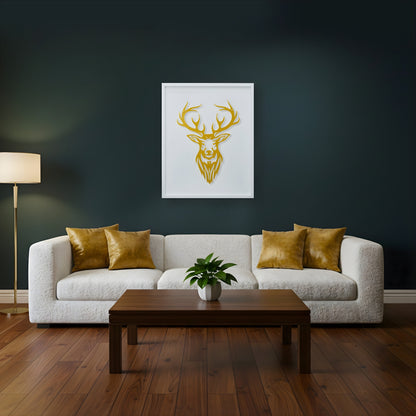 Living room with a white sofa, wooden coffee table, and deer head on white wooden frame artwork on the wall.