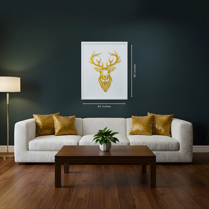Living room with a white sofa, wooden coffee table, and deer head artwork on white wooden frame on the wall.