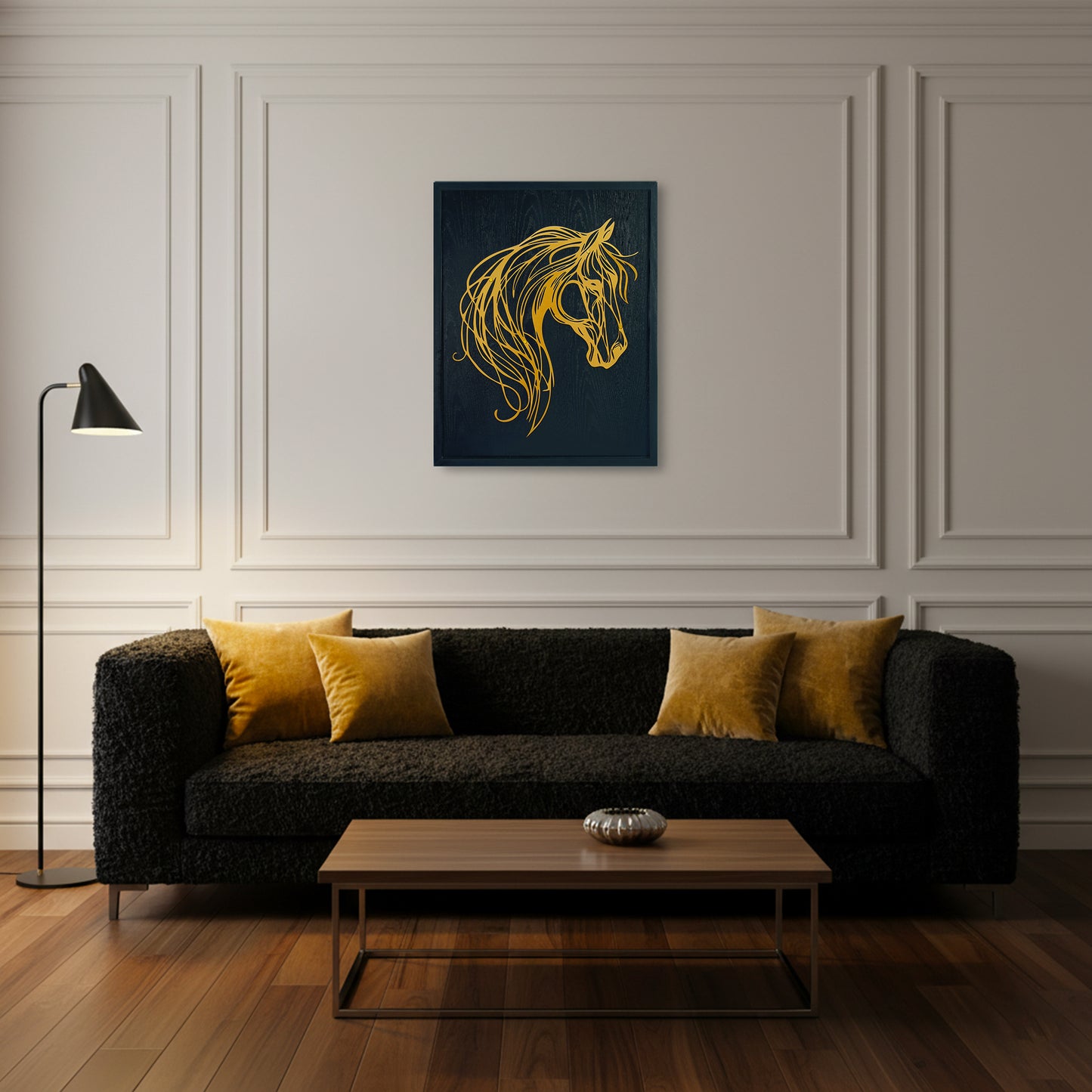 Modern living room with a black sofa, gold cushions, and a decorative horse head painting on the wall.